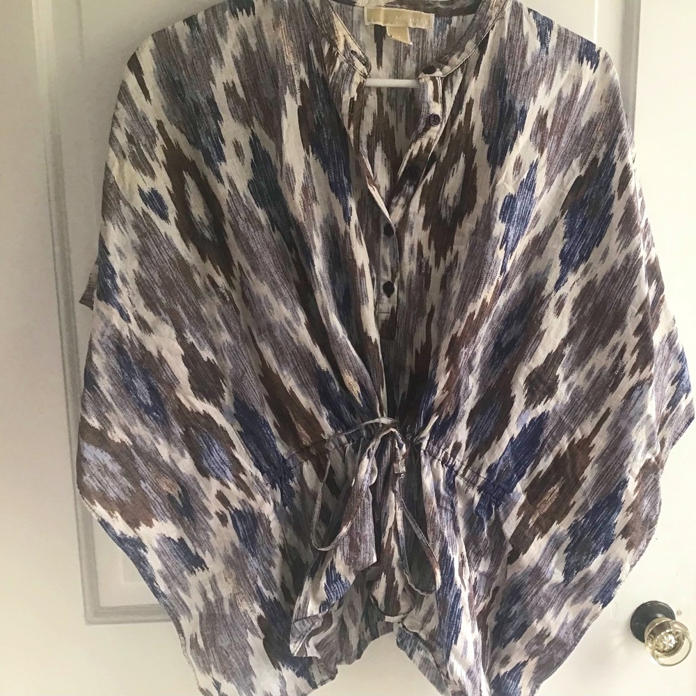 Michael Kors Kimono Sleeve Ikat Top Blouse Cover up Cotton M Cinched Tie Waist